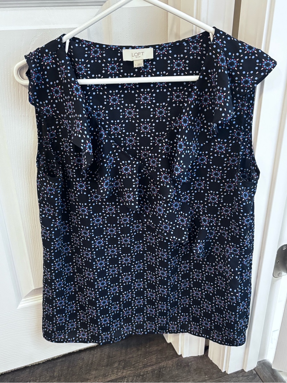 LOFT Navy Ruffle-Trimmed Floral Dot Shell